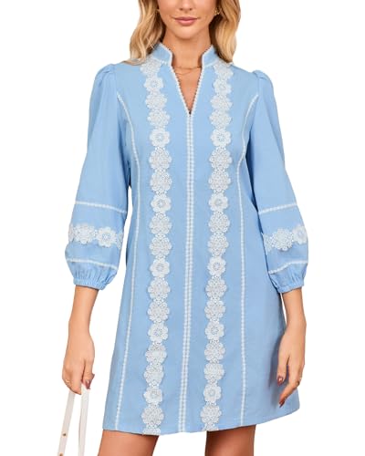Women's Embroidered Lace Floral Tunic Dress 3/4 Puff Sleeve V Neck